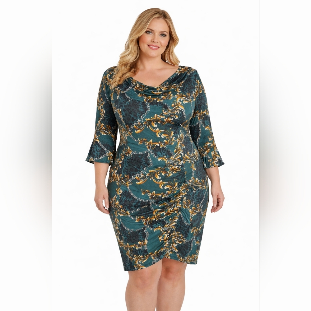 Teal & Gold Midi Dress With Flare Sleeves Size 1x NWOT